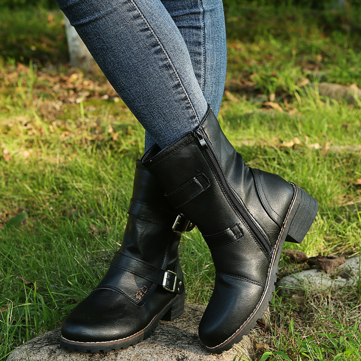 Casual Round Toe Belt Buckle Women Boots Black - Shop at LoveMi