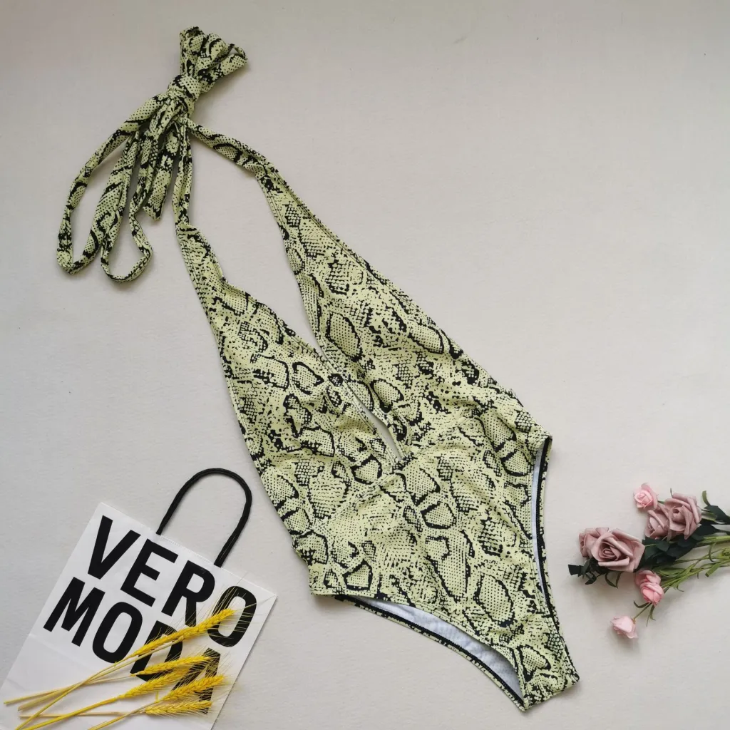 Cross Tie Snakeskin One-piece Swimsuit - Yellow