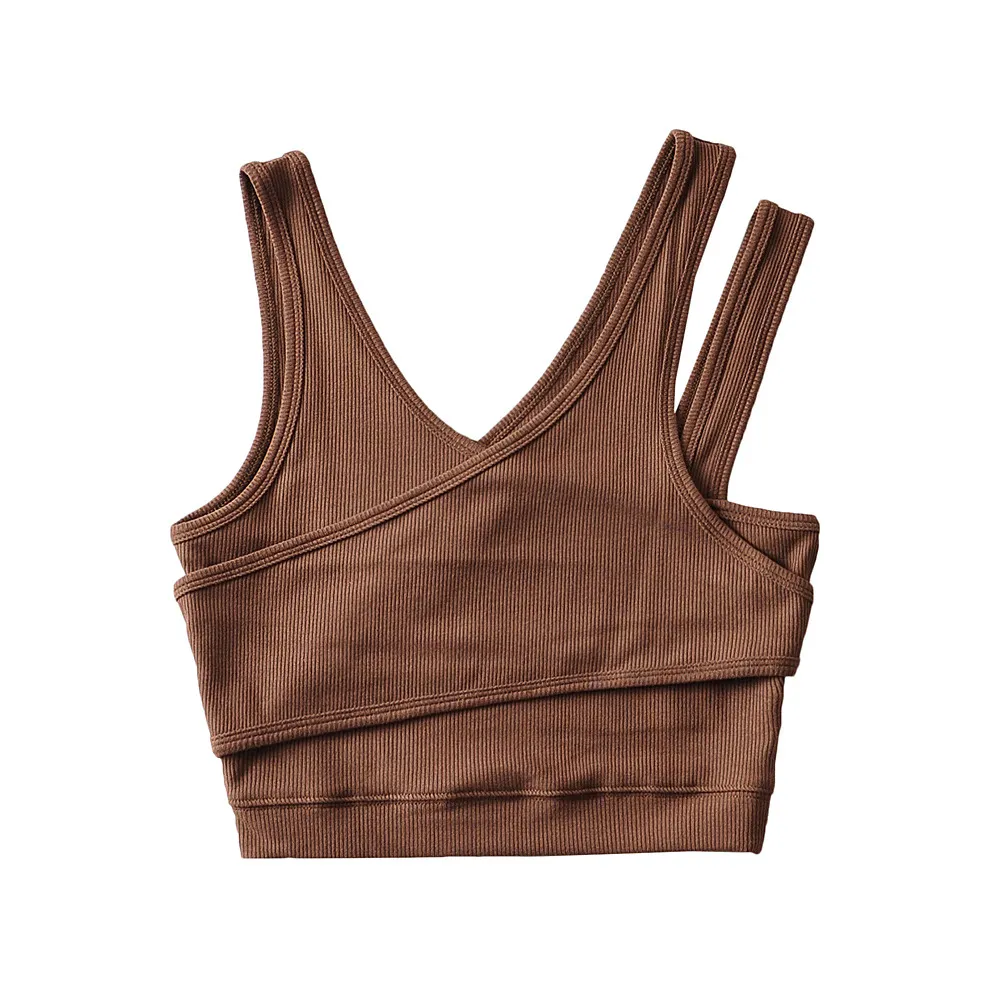 Solid False Two-piece Diagonal Shoulder Strap Short Vest - Coffee