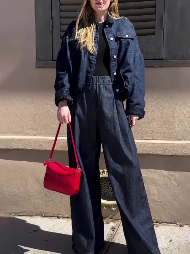 Dark Denim Oversized Jacket And Wide Leg Pant Set Blue - Shop at LoveMi