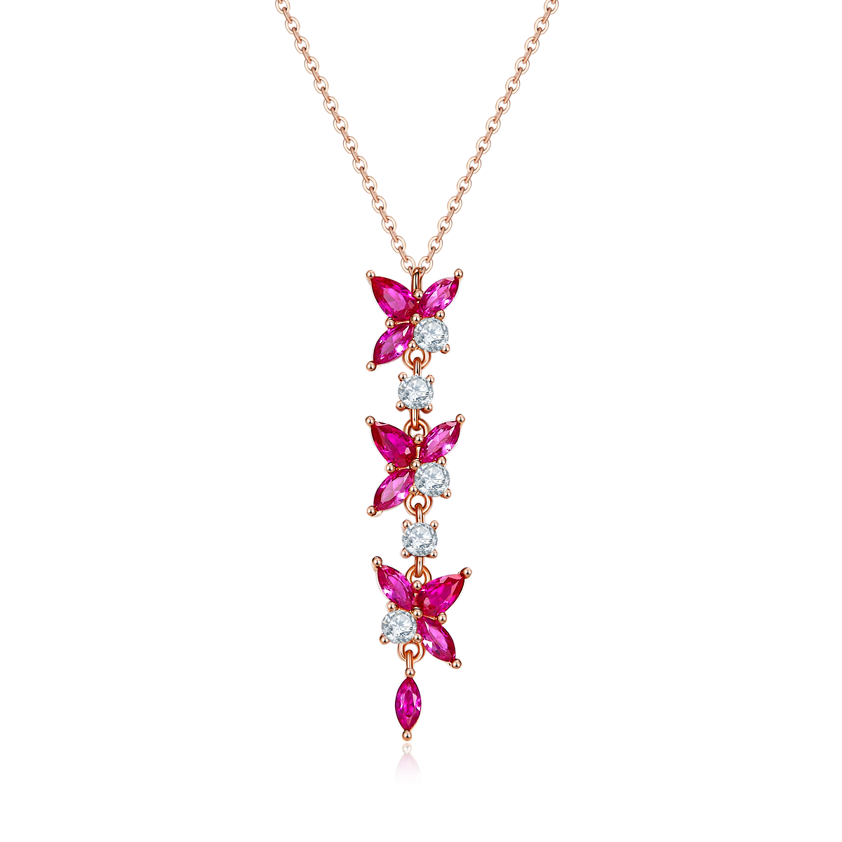 S925 Sterling Silver Y Drop Necklace, 5x3mm Lab-Grown Ruby Flower Dangle, Platinum Plated 3.7g Women's Elegant Jewelry Gift Box