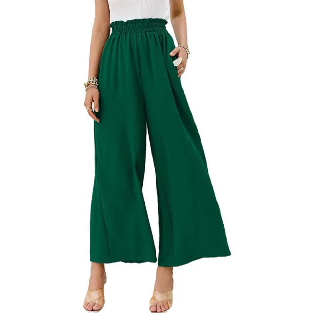Women Trousers Solid Color Wide Leg High Waist Pants Casual Loose Pants Dark Green - Shop at LoveMi