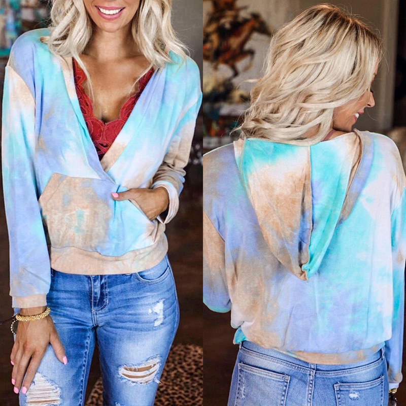 Tie-Dye Print V-Neck Long-Sleeve Pocket Hoodie