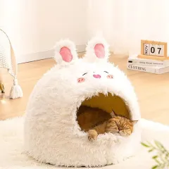 Semi Closed Pet Cat Nest Dog Sleeping Nest Warm Winter Yurt Plush Animal Models Cute Pet Velvet Nest - Rabbit - View 1