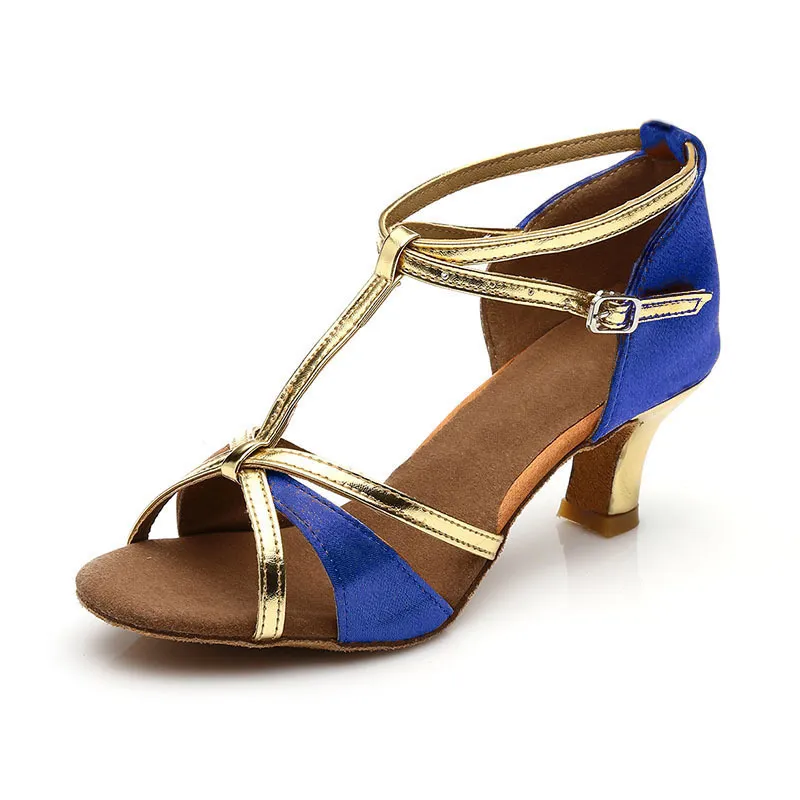 Latin Dance Shoes Ladies Soft-Soled Mid-High Heel Ballroom Dance Shoes - Blue