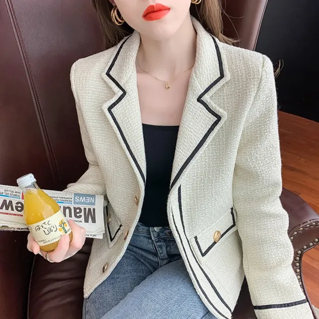 Women's Tweed Jacket Casual Colorblock Suit Collar Apricot - Shop at LoveMi