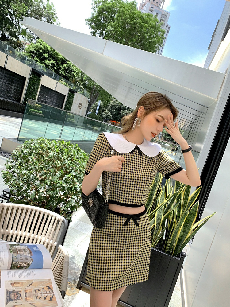 Doll Collar Plaid Crop Top Women High Waist Skirt