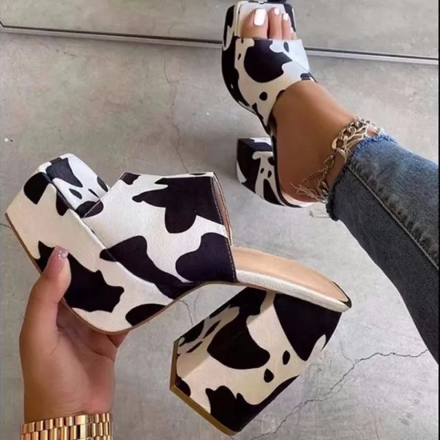 Summer Printing Shoes Square Tooe High Heel Sandals Woemen Cow Color Size37 - Shop at LoveMi
