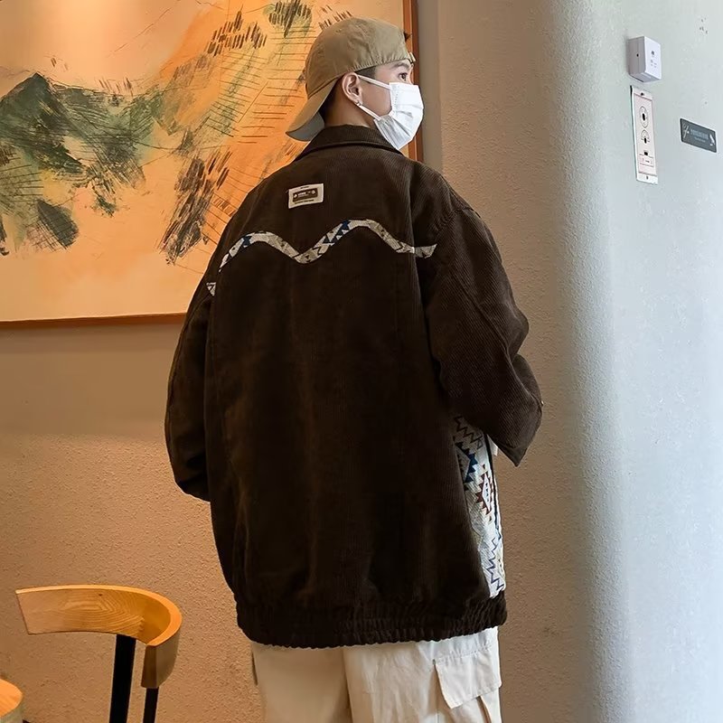 American Retro Ethnic Style Stitching Lapel Corduroy Jacket Design Sense Baseball Collar Coat