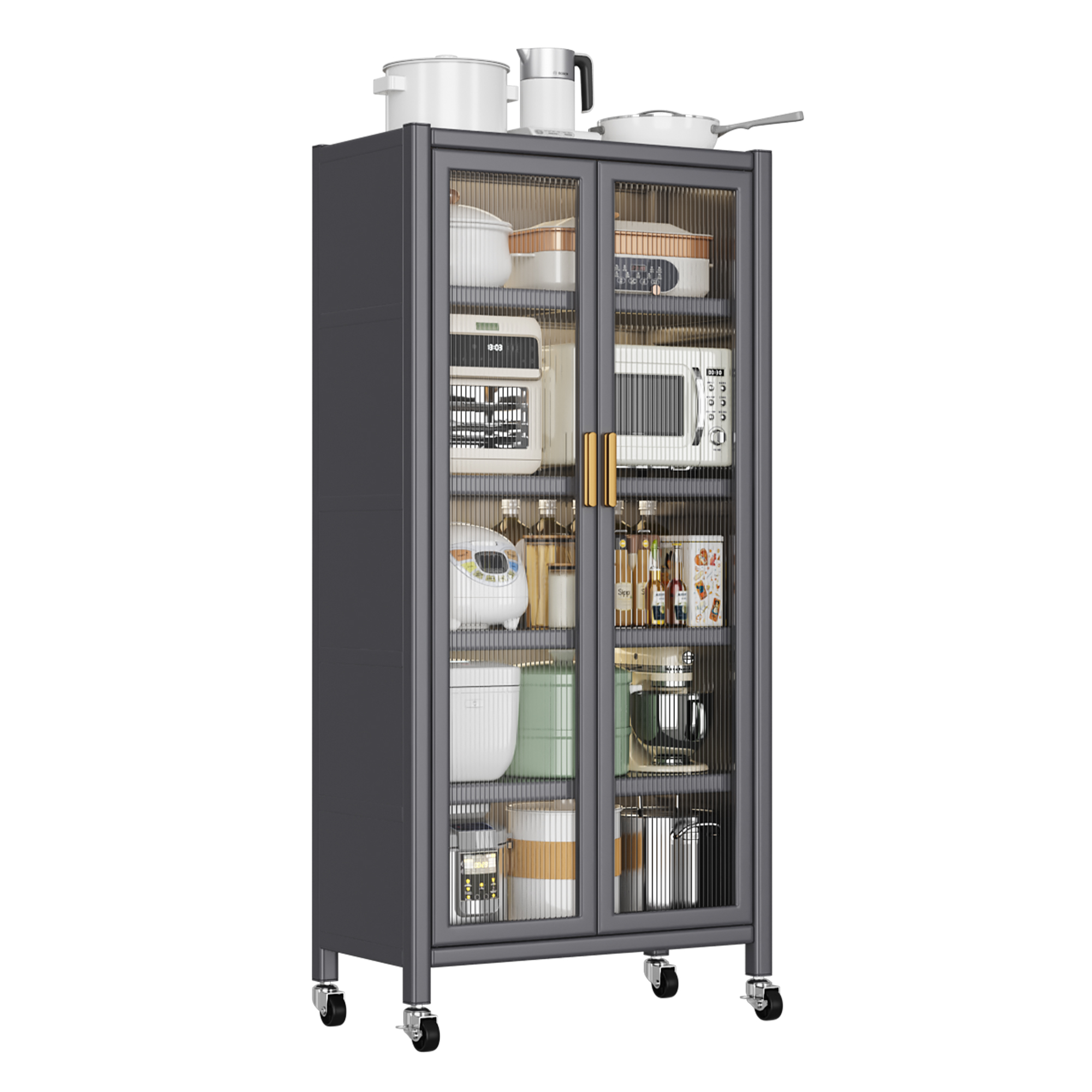 Grey Open Kitchen Storage Cabinet, Floor-to-Ceiling Multilevel Microwave Shelving Unit & Side Cabinet For Bowls, Grey 2