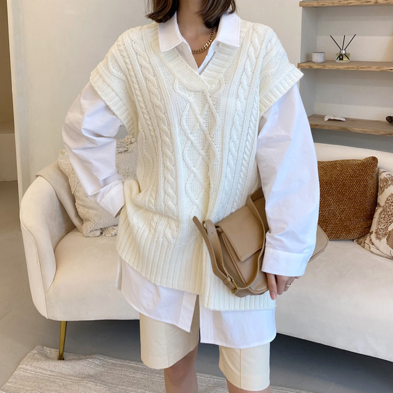 Simple Lapel Single-breasted Mid-length Shirt And Vest