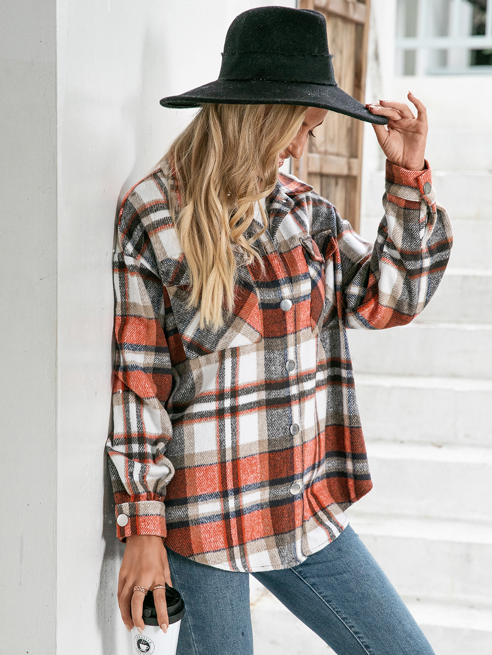Women's Casual Loose Single Breasted Plaid Shirt Coat
