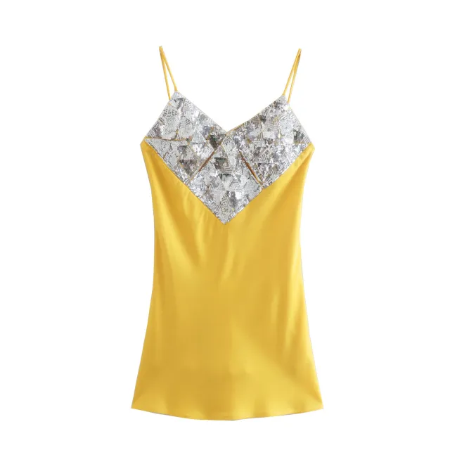 Spring European Silk Satin Texture Mini Dress Yellow - Shop at LoveMi
