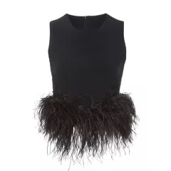 Ostrich Fur Slim High Waist Sleeveless Solid Colour Short Tank Top - Black - View 1