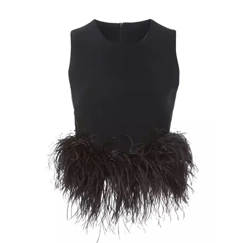 Ostrich Fur Slim High Waist Sleeveless Solid Color Short Tank Top