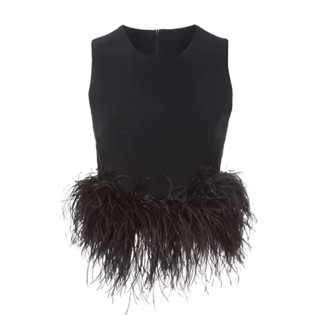 Ostrich Fur Slim High Waist Sleeveless Solid Color Short Tank Top Black - Shop at LoveMi