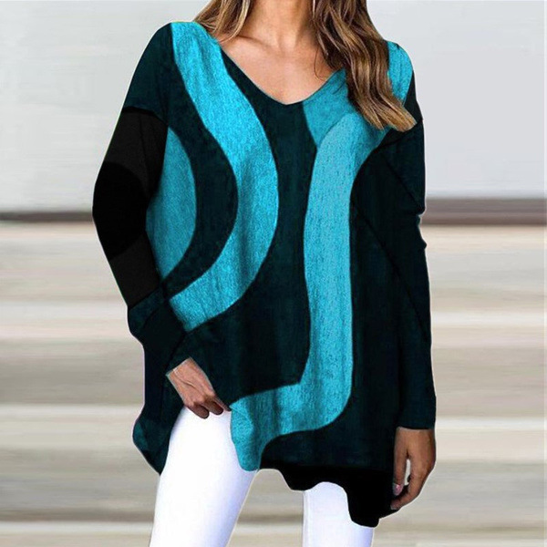 Title 2, V-Neck Pullover Long Sleeve Geometric Loose Cas...