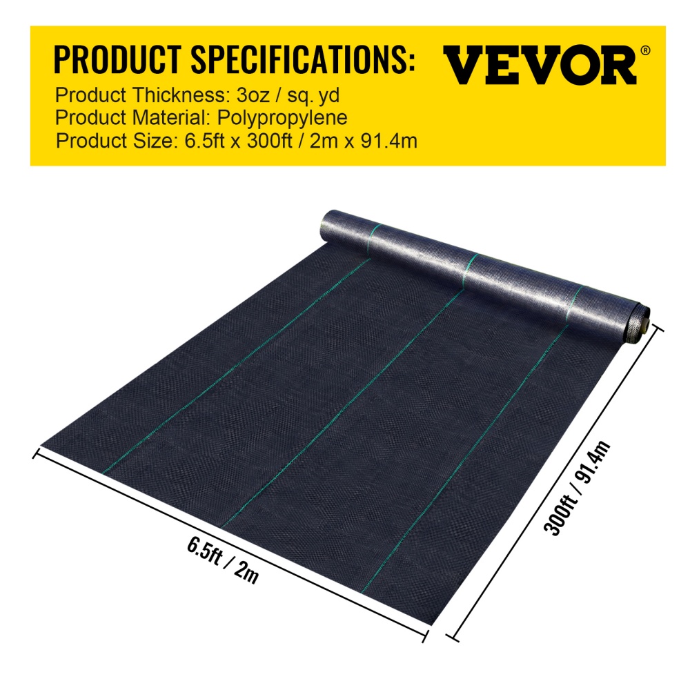 VEVOR 6.5FTx300FT Premium Weed Barrier Fabric Heavy Duty 3OZ, Woven Weed Control Fabric, High Permeability Good For Flower Bed, Geotextile Fabric For Underlayment, Polyethylene Ground Cover image 4