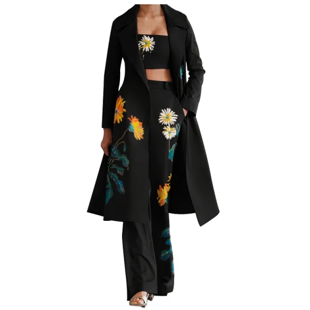 Women's Fashion Temperament Long Printed Windbreaker Jacket Set Black - Shop at LoveMi