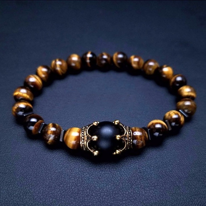 8mm Men Hematite Natural Crystal Bracelet Healing tiger Eye Beaded Crown - Picture 6 of 7