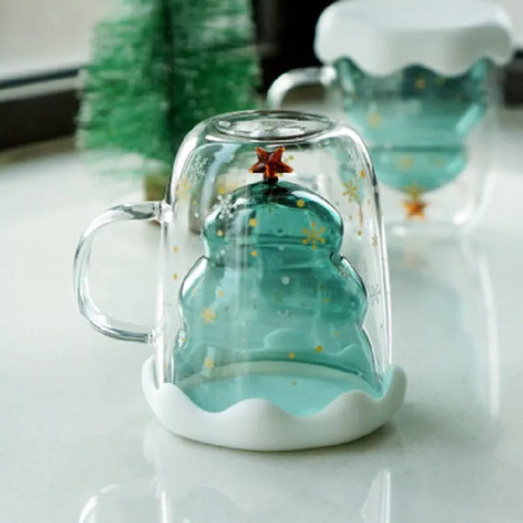 Double Heat Resistant Glass Coffee Cup Christmas Tree With Handle And Lid Milk Water Cup Cute Household Breakfast Whiskey Mug – image 6