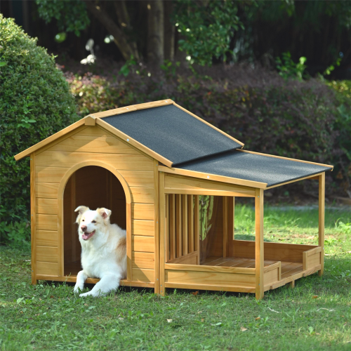 Large Wooden Dog House With Porch Natural Color - Shop at LoveMi