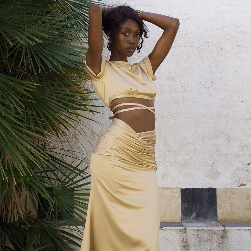 Cross-border Women's Spring New Solid Color Pleated Ruffled Hip-knee Skirt