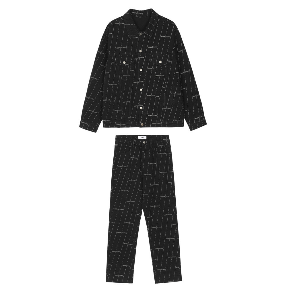 Letter Full Print Diagonal Stripes Denim Suit