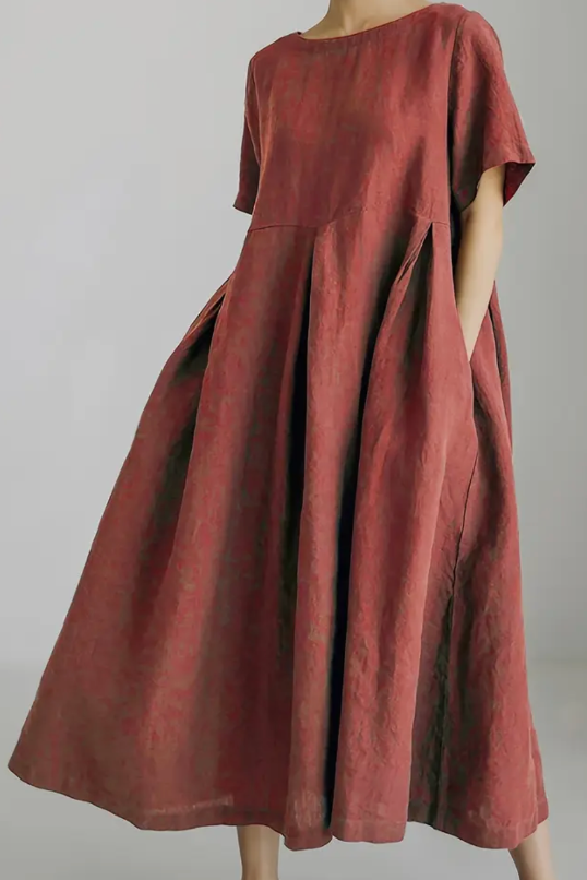 Vibrant Cotton Crew Neck Fitted Dress - Pocket Detail, Short Sleeve, Solid Color, Versatile And Comfortable For Spring And Summer - Machine Washable, Customized Vacation Style For Women