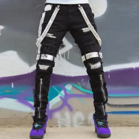 Webbing Jeans with Ripped Feet and Zipper Slim Fit