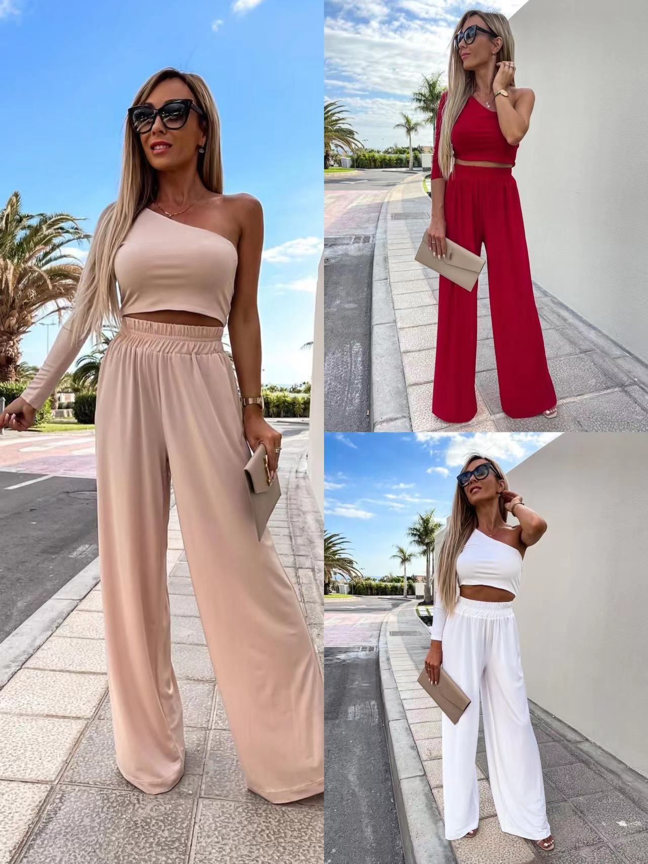 Solid Color One Shoulder Long Sleeve Pants Casual Suit Women - Image 5