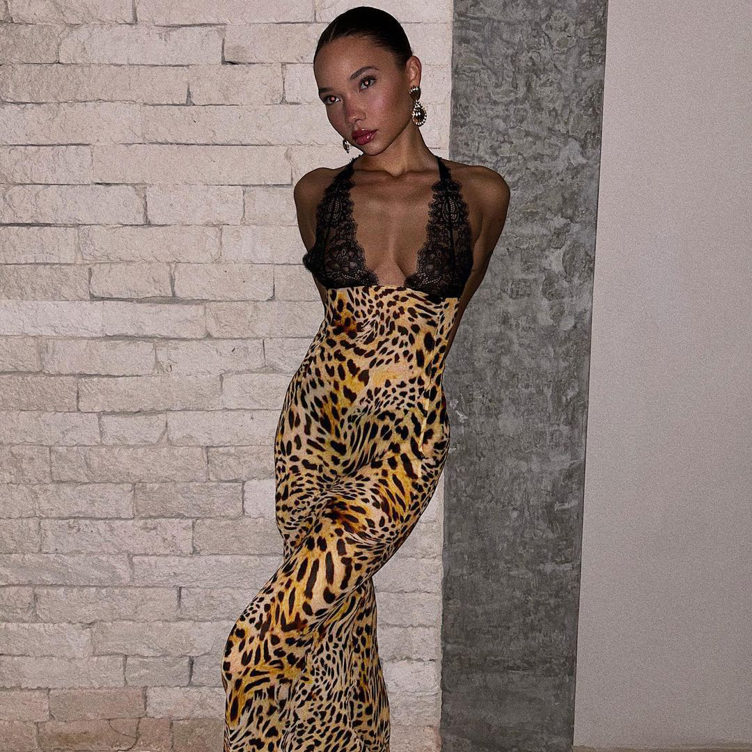 Women's Knitted Lace Strap Leopard Print Dress