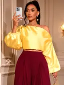 One Shoulder Balloon Puff Sleeve Cropped Blouse view 7