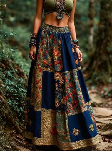 Bohemian Ethnic Style Patchwork Printed High-waist Flared Long Dress