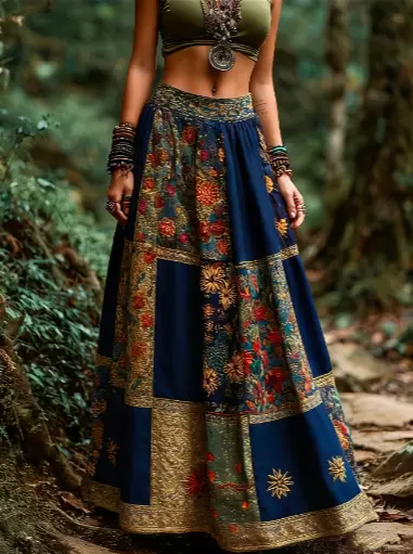 Bohemian Ethnic Style Patchwork Printed High-waist Flared Long Dress