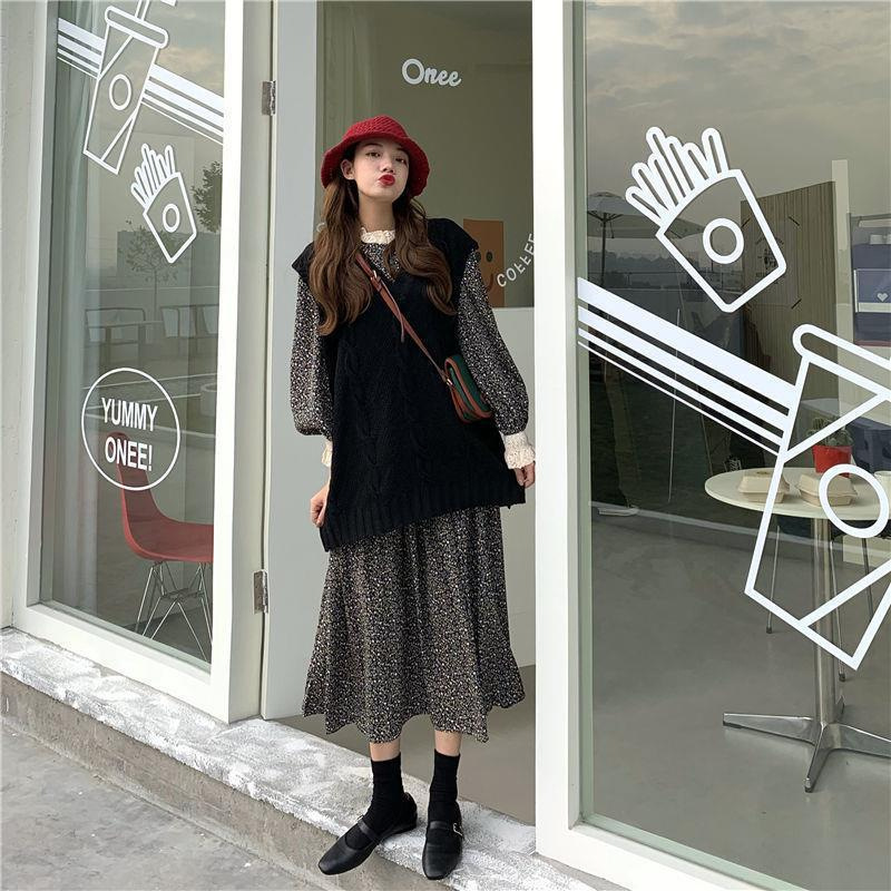 Fragmented Flower Dress Long Sleeve Spring Autumn Winter Black - Shop at LoveMi