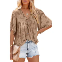 V-neck Cardigan Five-point Mid-sleeve Chiffon Shirt Print Top - Brown - View 1