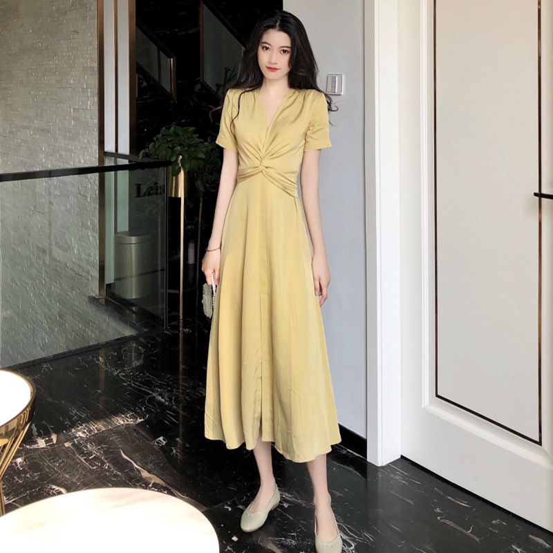 Light Yellow Long Skirt French Bellflower Waist Dress
