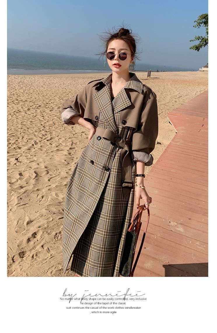 Retro Plaid Windbreaker Women's Mid-length Loose And Thin Stitching Jacket