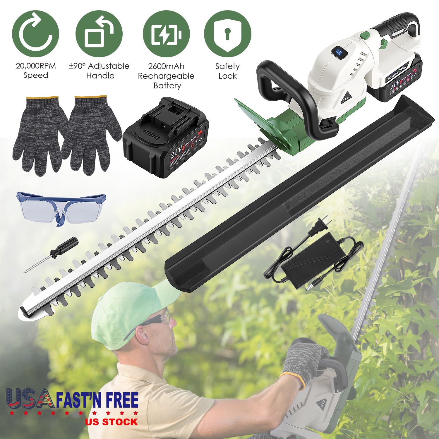 20in Cordless Hedge Trimmer For Spring Garden 21V Handheld Bush Trimmer Electric Grass Shrub Trimmer With Dual Action Blades 0.6in Cutting Diameter Safety Lock 90 Degree Adjustable Handle