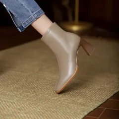 Women's Square Toe Chunky Heel Leather Ankle Boots - Apricot - View 1