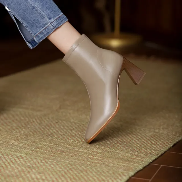 Women's Square Toe Chunky Heel Leather Ankle Boots Apricot - Shop at LoveMi