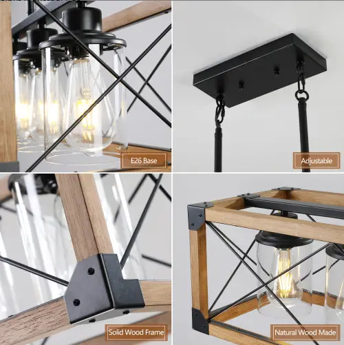 32 Inch Walnut Industrial Farmhouse Rectangle Pendant Light, 5-Light Chandelier With Lampshades For Dining Room, Kitchen Island, Cafe Decor No Bulbs