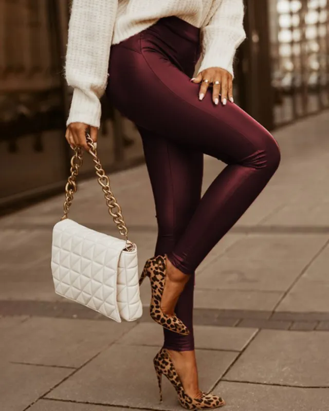 Women's High Waist Fashion Street Style Skinny Faux Leather Trousers Wine Red - Shop at LoveMi