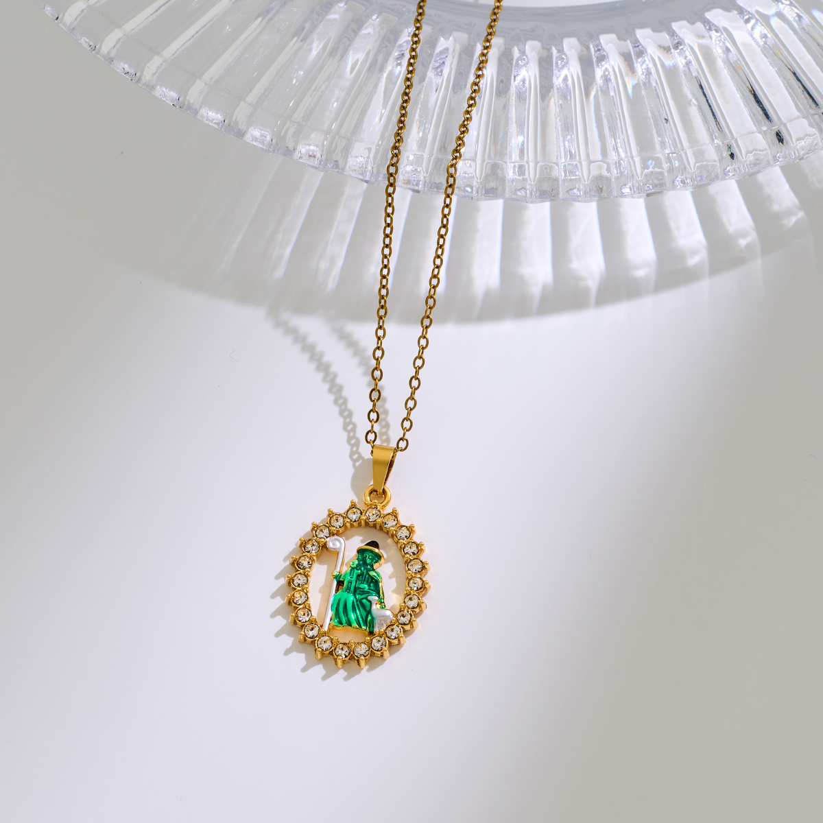 Stainless Steel Inlaid Rhinestone Epoxy Religious Series Pendant Necklace