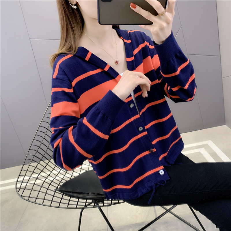 Striped Hooded Loose Knit Cardigan Jacket Women