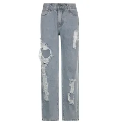 Women's Low Waist Ripped Loose Casual Jeans - Blue - View 1
