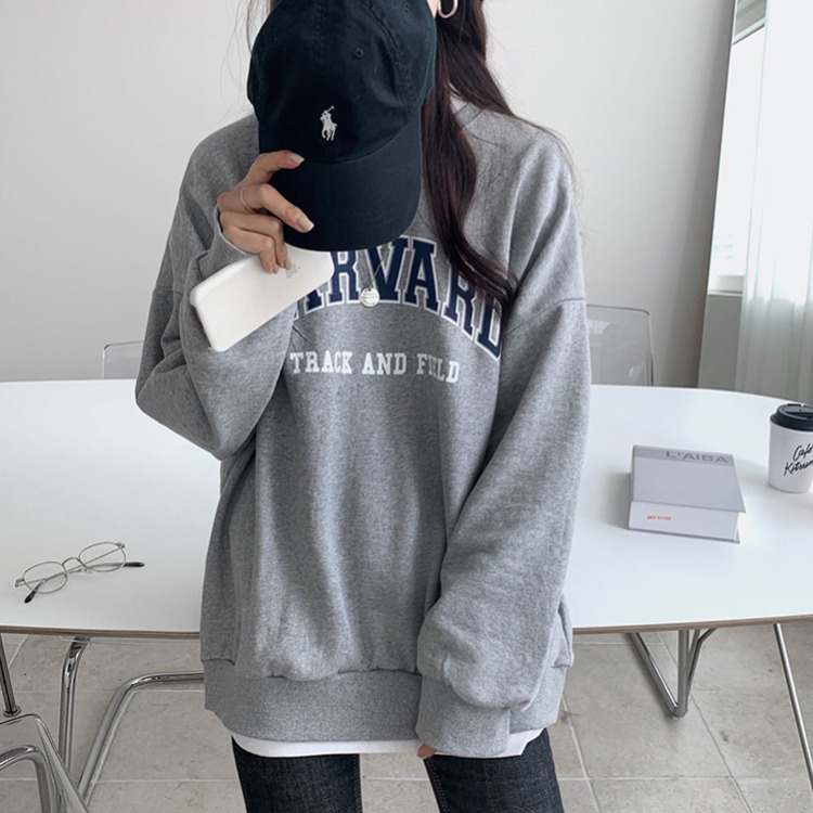 College Style Letter Print Loose Round Neck Pullover And Velvet Sweatshirt