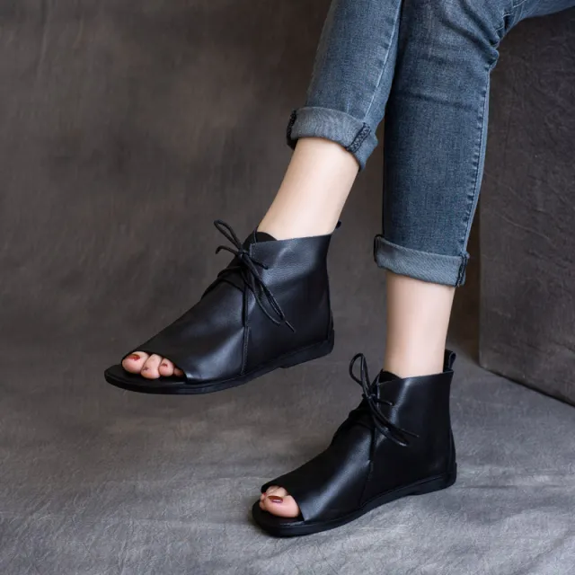 New Leather Retro Soft Sole High Top Fish Mouth Cool Boots Black - Shop at LoveMi