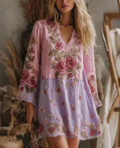 Color-blocked Rose Embroidered Casual V-neck Long-sleeved Short Dress - 3Style - View 1